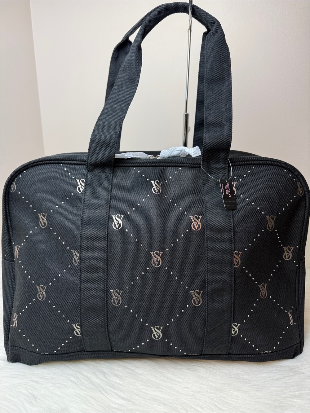 NWT Victoria's Secret Black Canvas & Rhinestones Logo Travel Tote Weekend Bag
